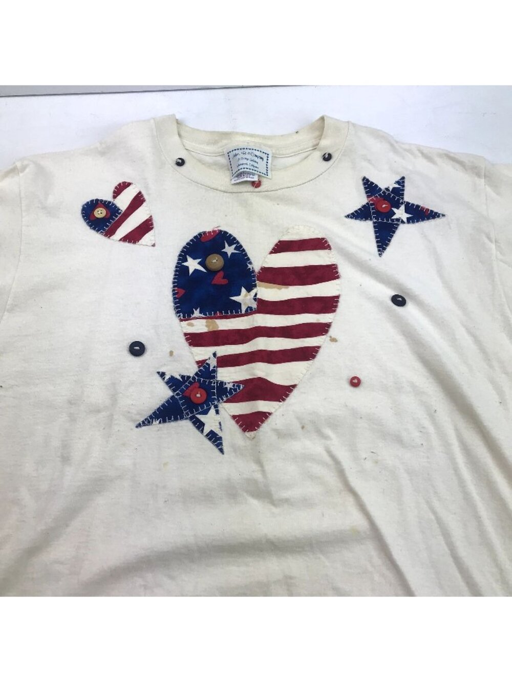 Patriotic Heart & Star Button Applique T-Shirt Mrs. B & Co. Made In USA Size L